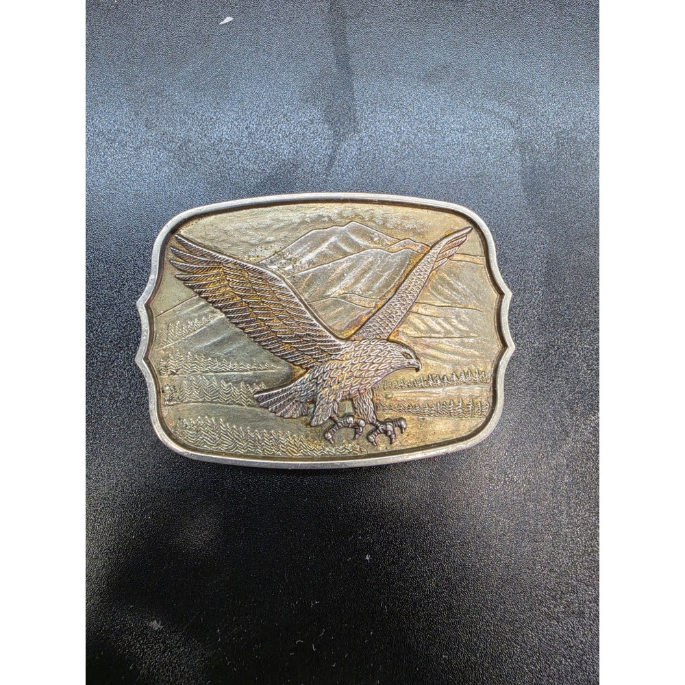 Vintage Eagle Mountain Landscape Belt Buckle Made in Hong Kong Brass Tone 13376